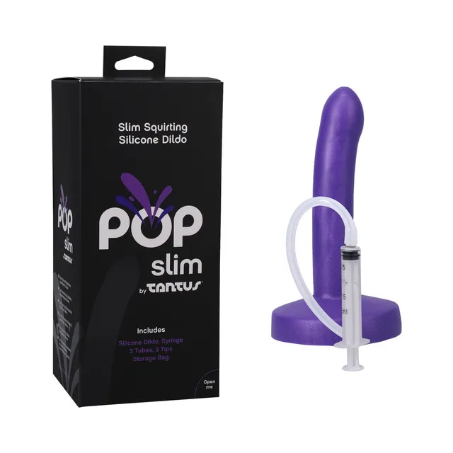 Tantus POP Slim Indiglow purple dildo with syringe beside black box