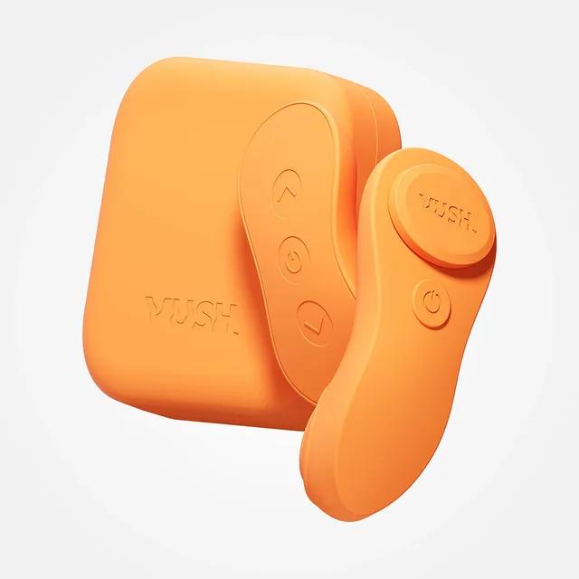 VUSH Luna orange wearable vibrator with round remote and rectangular storage case
