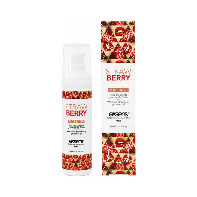 white Exsens Strawberry pump bottle beside red berry-patterned carton