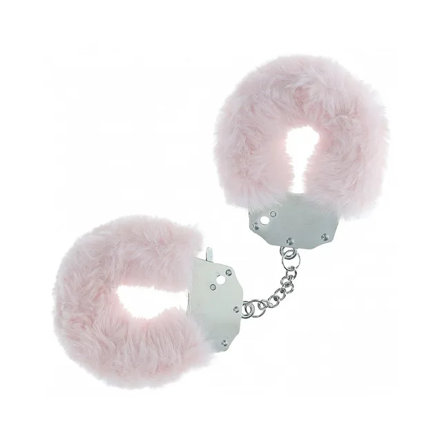 Shots Ouch pale powder-pink fluffy iron handcuffs with short silver chain