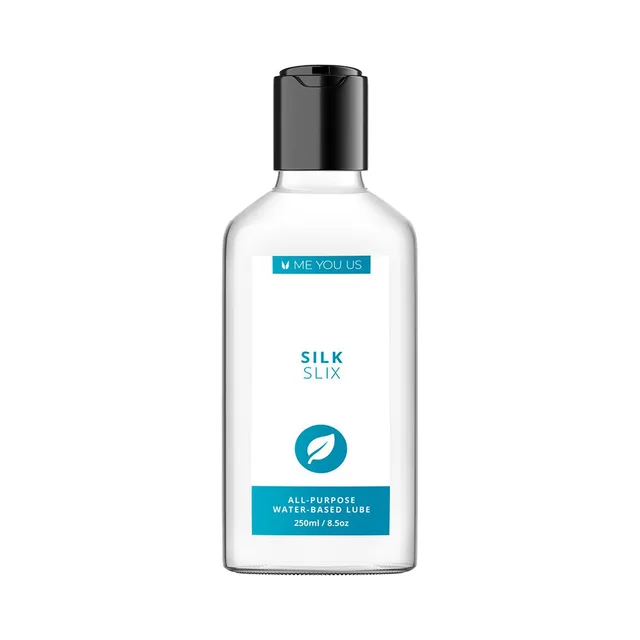 Me You Us Silk Slix white 8.4 oz bottle with turquoise label and black cap