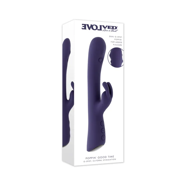 Evolved Poppin Good Time purple vibrator beside white retail box