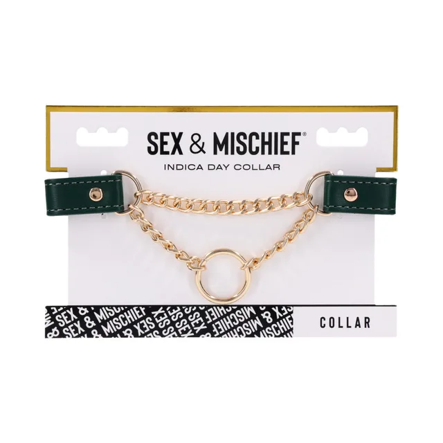 Emerald-green Sportsheets Indica day collar with gold chain and O-ring