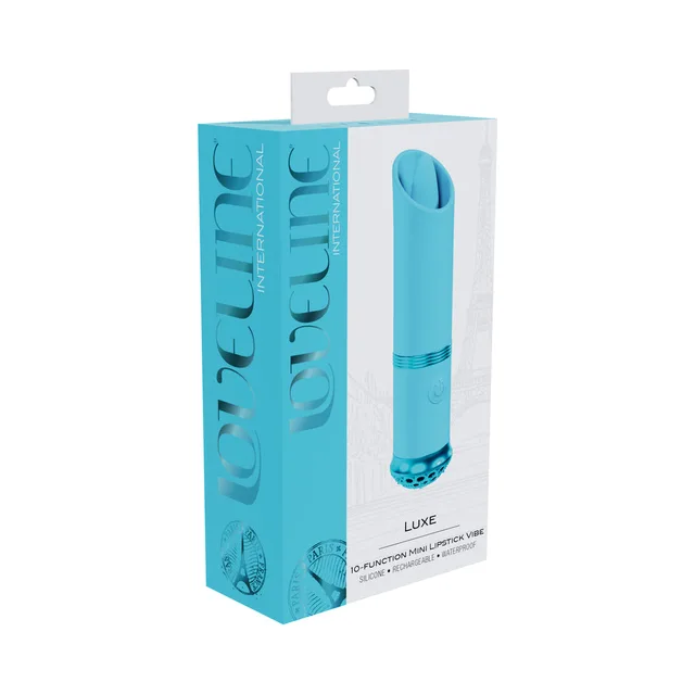 Blue Loveline Luxe lipstick-style vibrator in turquoise box
