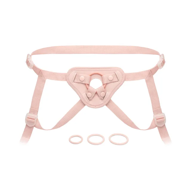 Together Toy NudeFit pale beige strap-on harness laid flat with three rings