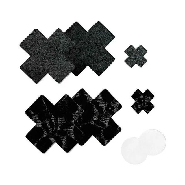 Nippies Size B black cross pasties in satin and lace with round pads and patch-test crosses