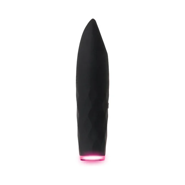 Black Evolved On The Spot bullet vibrator front view with pink illuminated base