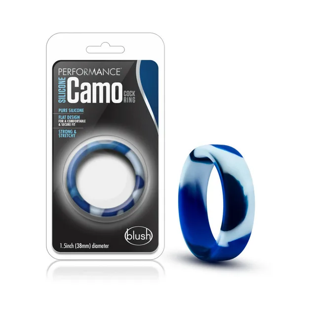 Blush Performance Camo blue silicone ring beside matching Performance retail package