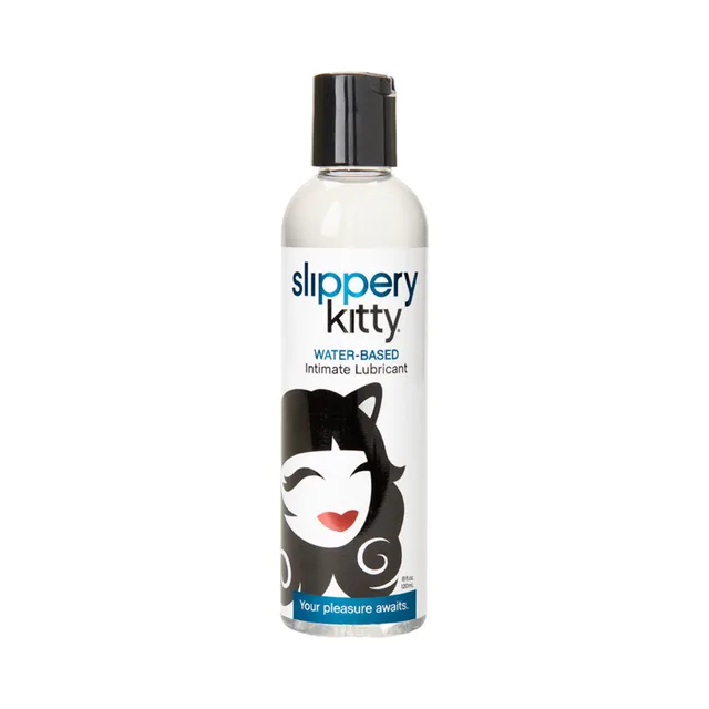 clear Slippery Kitty 8 oz water-based lubricant bottle with black flip-top cap