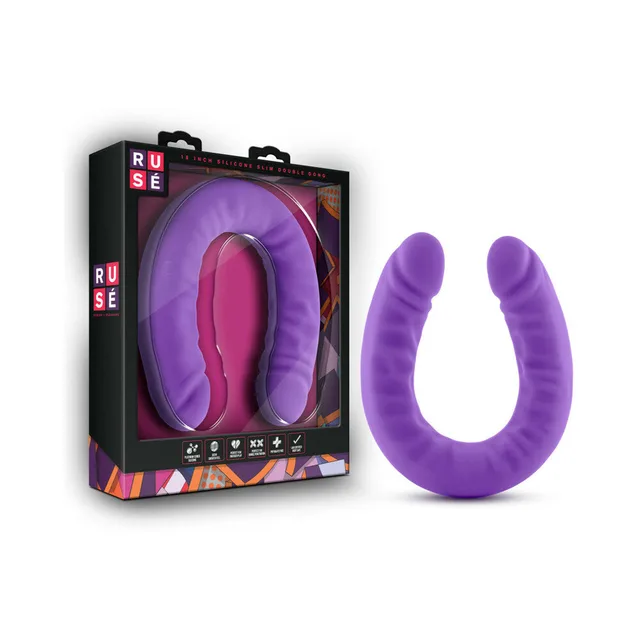 Purple Blush Ruse double-ended dildo beside its black retail box