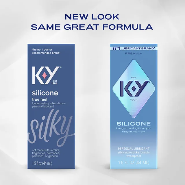 K-Y True Feel Silicone Gel 1.5 oz new-look comparison of two blue cartons
