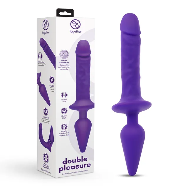 purple Together Double Pleasure dildo and tapered plug beside retail box