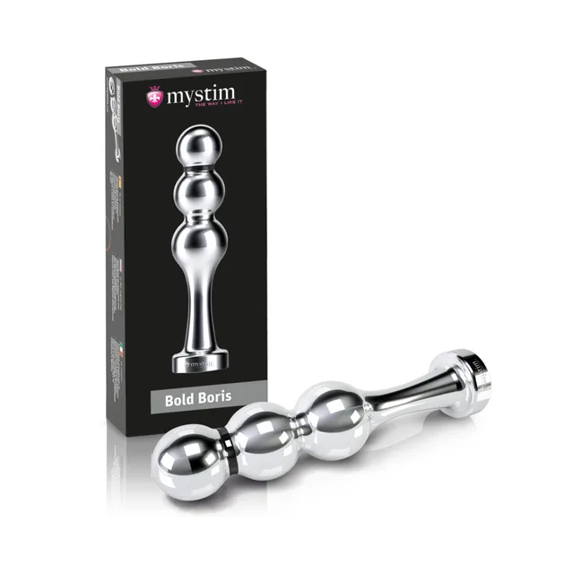 polished silver Mystim Bold Boris plug with three rounded sections beside its box