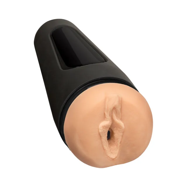 Doc Johnson Mia Malkova Main Squeeze stroker angled opening view in black tapered case