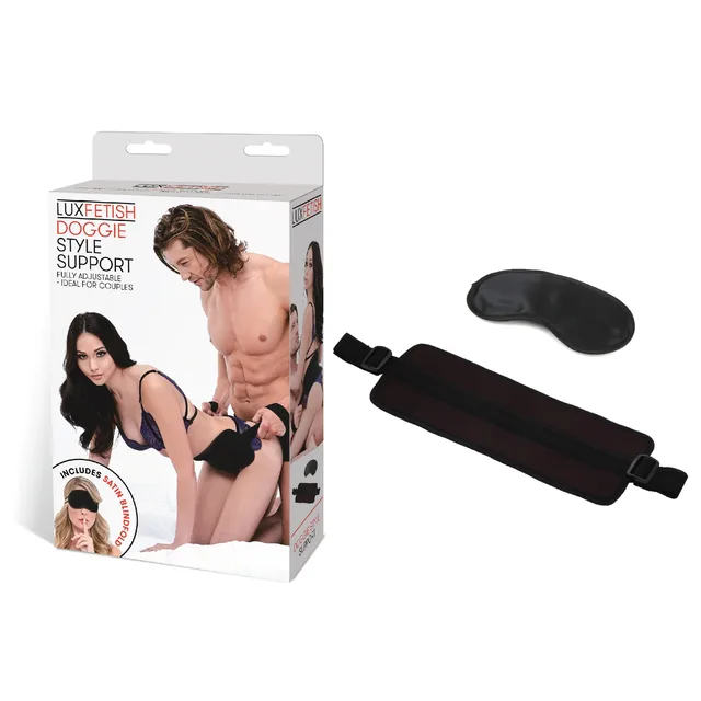 Lux Fetish Position Support Strap white retail box beside strap and eye mask