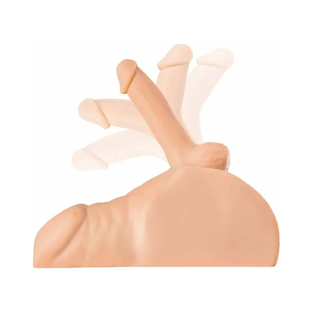 Side view of beige saddle base and upright posable dildo