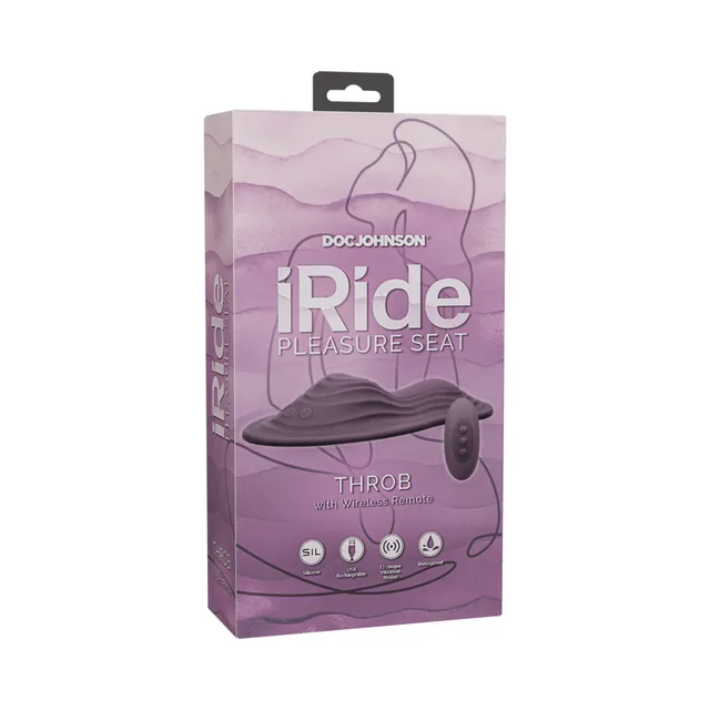 purple Doc Johnson iRide Throb pleasure seat pictured on lavender retail box
