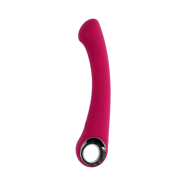 burgundy Pleasure Curve vibrator with angled tip and chrome ring base