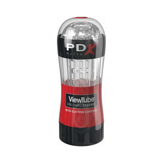 Upright PDX Elite ViewTube stroker in clear cylindrical case