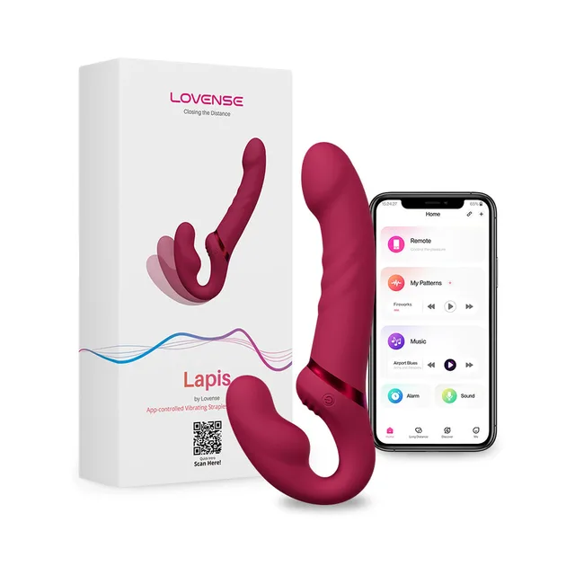 hot pink Lovense Lapis double-ended vibrator with retail box and Remote app screen