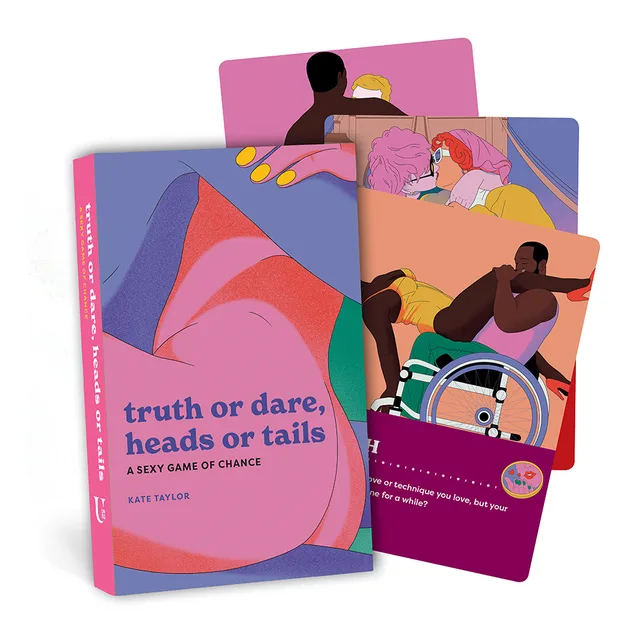 Pink Truth or Dare Heads or Tails box with colorful cards and spinner graphic