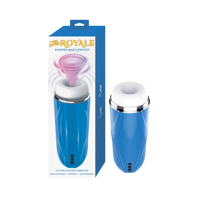 Blue Nasstoys Royale cylindrical suction stroker with clear funnel top and box