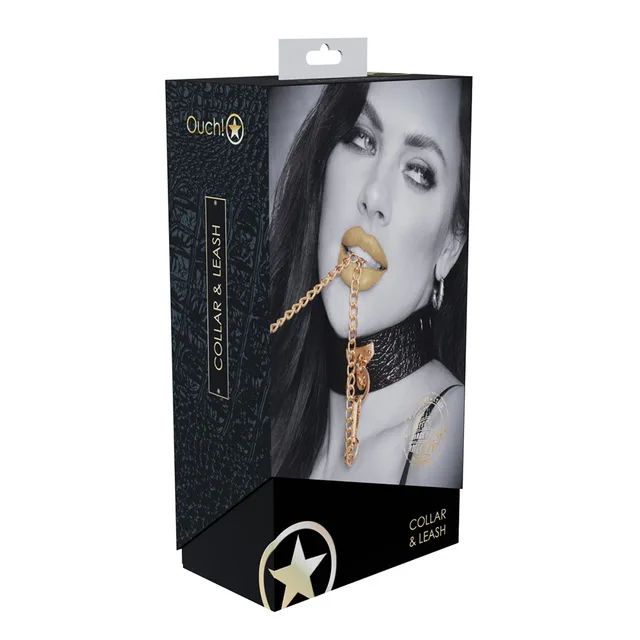 black croc-print Rome collar with gold chain leash displayed on box
