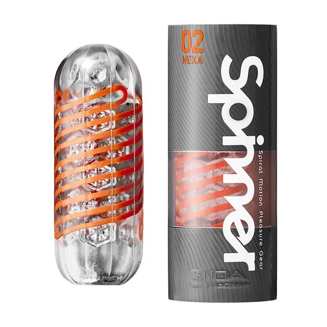 Tenga Spinner 02 Hexa clear capsule with orange spiral ribs beside silver-and-orange cylindrical carton