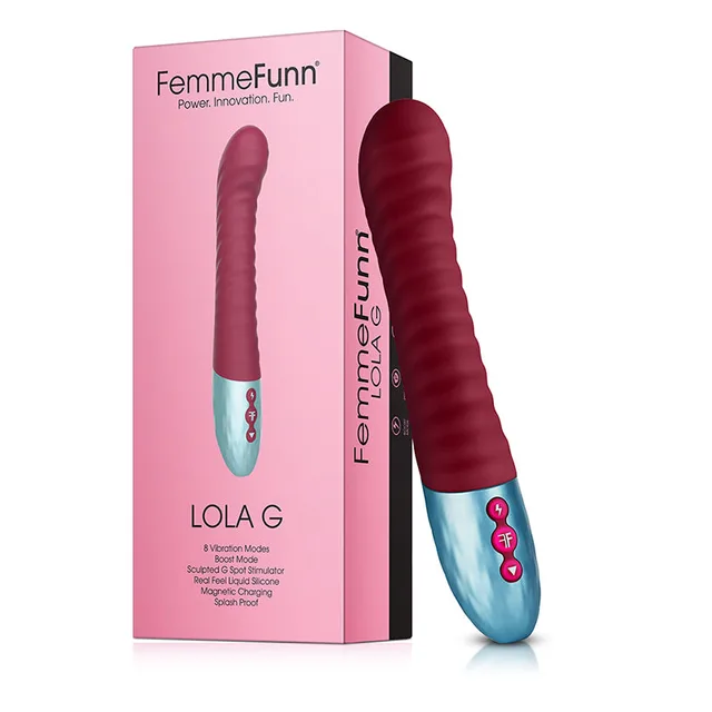 Maroon FemmeFunn Lola G vibrator beside pink retail box