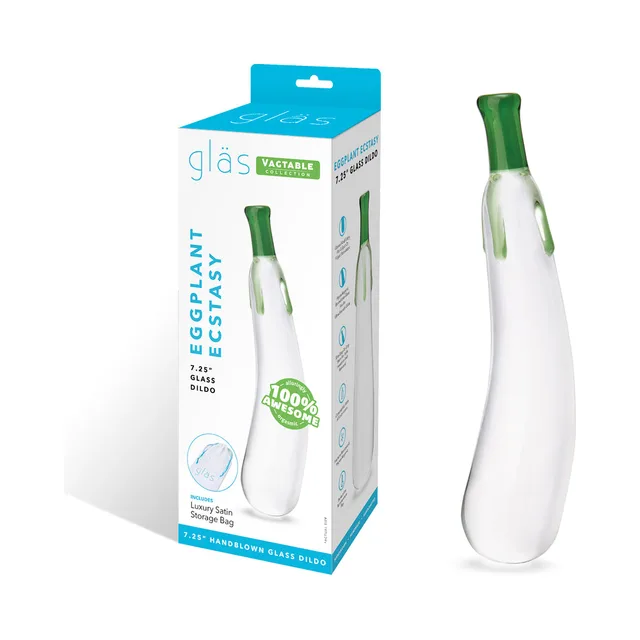 Clear curved Glas Eggplant Ecstasy dildo with green tip beside turquoise box