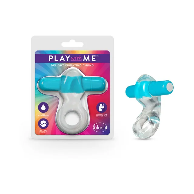 Play with Me Delight package beside blue bullet and clear C-ring