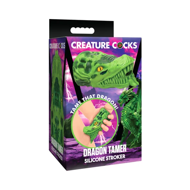 Creature Cocks Dragon Tamer green dragon-head stroker inside purple-and-green fantasy retail box