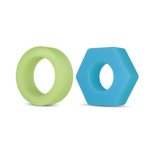 Green round ring beside blue hexagonal Flash ring
