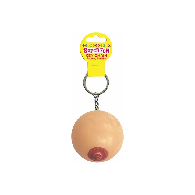 round flesh-tone squishy boob charm hanging from silver split ring