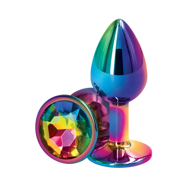 Iridescent small metal plug with multicolor faceted jewel base