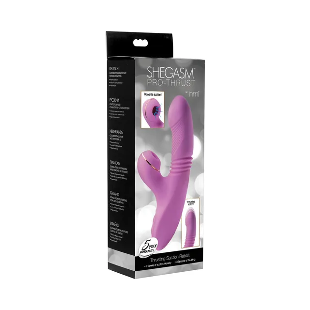 purple Shegasm Pro-Thrust suction rabbit vibrator pictured on grey box