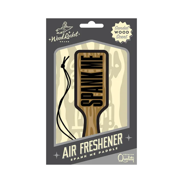 Wood Rocket Spank Me Paddle sandalwood air freshener front retail card with vertical paddle graphic