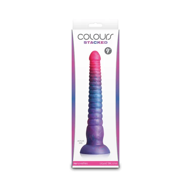 Colours Stacked 9-inch pink purple and blue ringed dildo in tall box