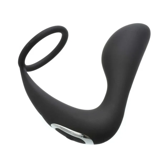 Adam's black rechargeable prostate pleaser with C-ring left side profile with integrated ring