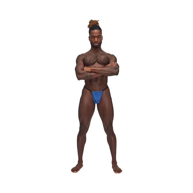 Full front view of model wearing royal blue Sexagon Posing Strap G-string
