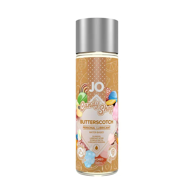 JO Candy Shop Butterscotch 2 oz lubricant front of clear bottle with gold patterned label, candy artwork and silver cap