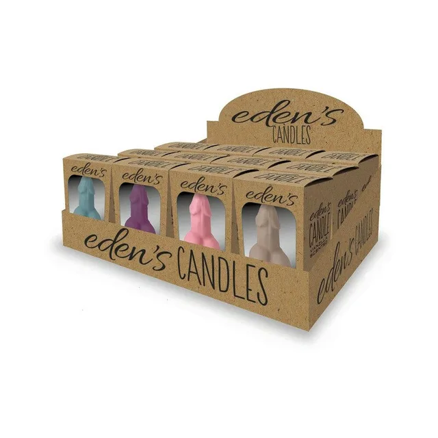kraft Eden's countertop display holding blue purple rose and taupe penis candle boxes