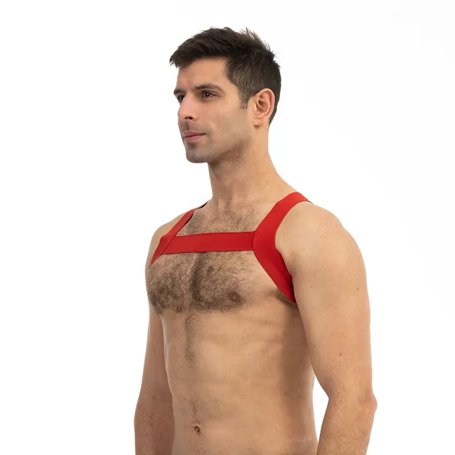 Angled front view of S/M red Prowler RED sports harness