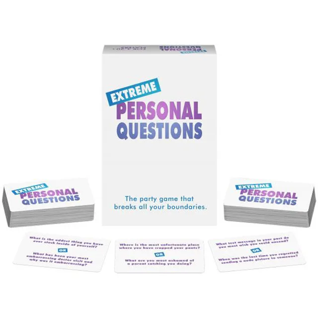 Extreme Personal Questions game box with two decks and sample cards