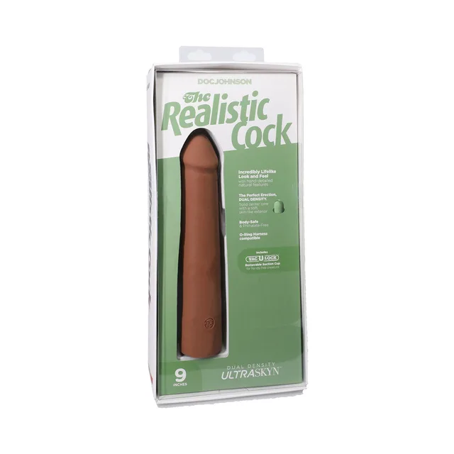 9-inch caramel Realistic Cock ULTRASKYN dildo displayed in green window package
