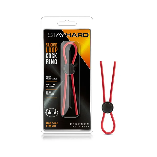 Stay Hard Red Silicone Loop Ring beside blister pack