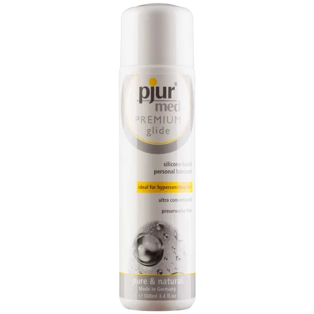 White 100 ml pjur med Premium Glide bottle with silver cap and aqua lower label