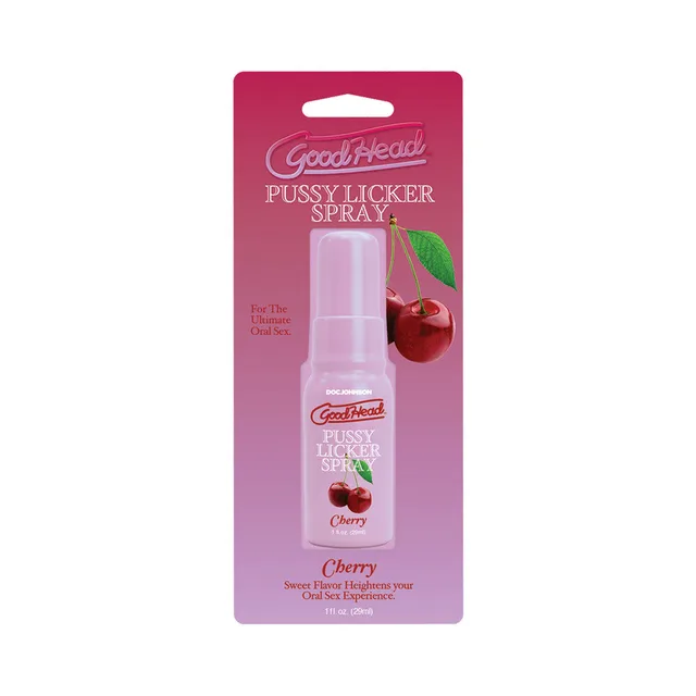 GoodHead Cherry Pussy Licker Spray 1 oz lavender pump bottle on magenta cherry card