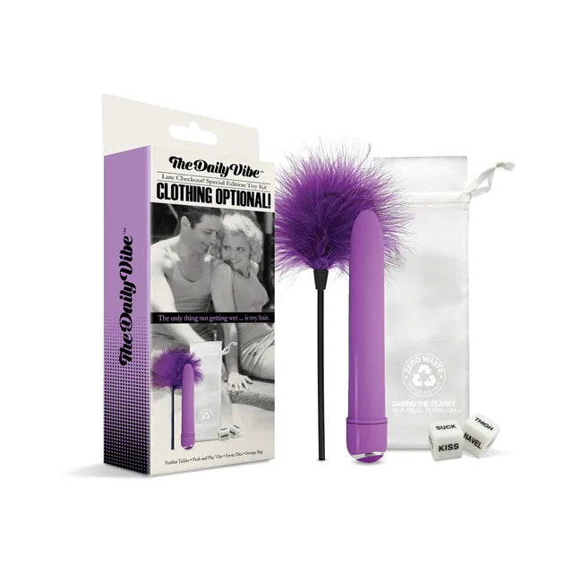Clothing Optional kit with box, purple wand, tickler, dice and pouch