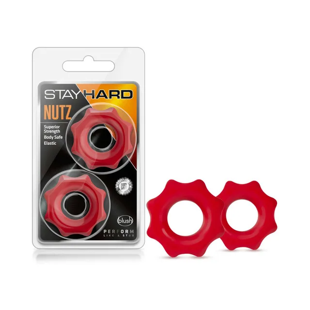 Stay Hard Nutz red cock ring two-pack beside retail package